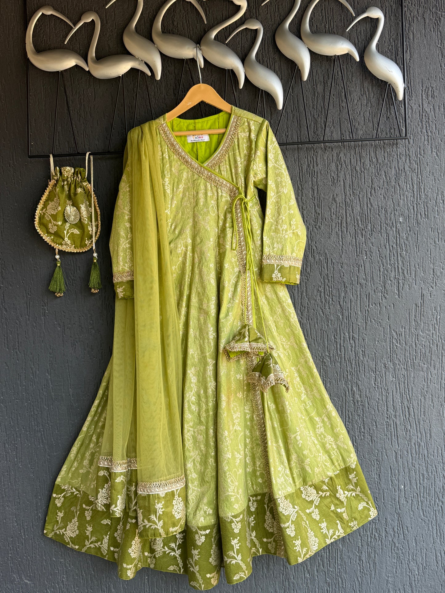 Olive green full length anarkali with dupatta and potli bag