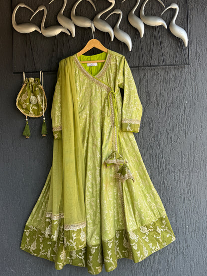 Olive green full length anarkali with dupatta and potli bag
