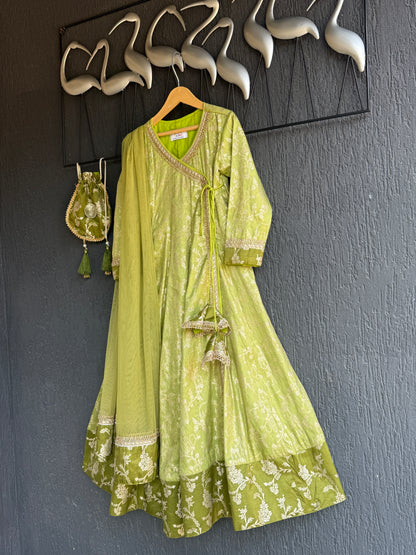 Olive green full length anarkali with dupatta and potli bag