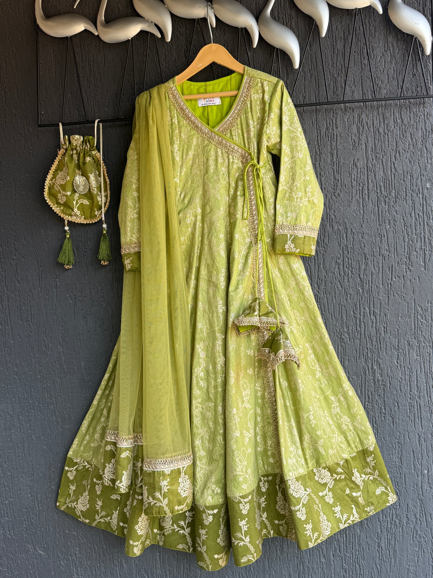 Olive green full length anarkali with dupatta and potli bag