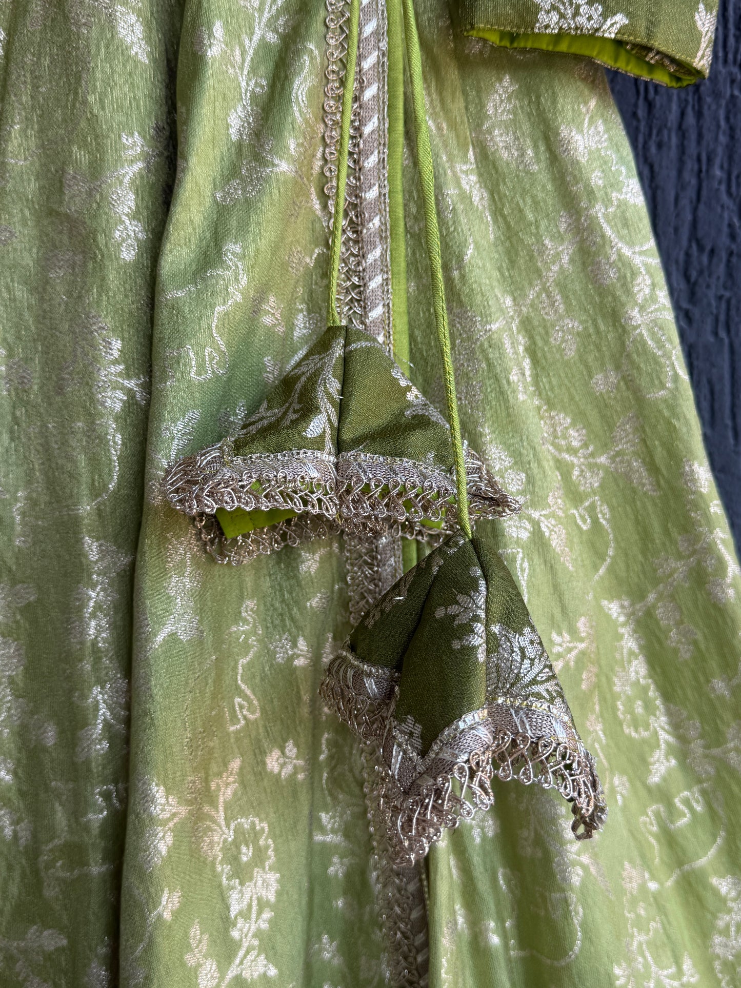 Olive green full length anarkali with dupatta and potli bag