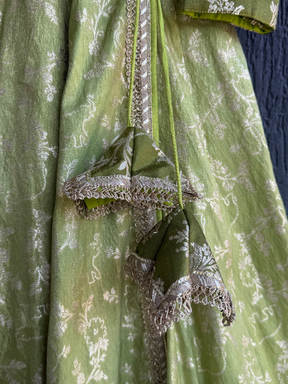 Olive green full length anarkali with dupatta and potli bag