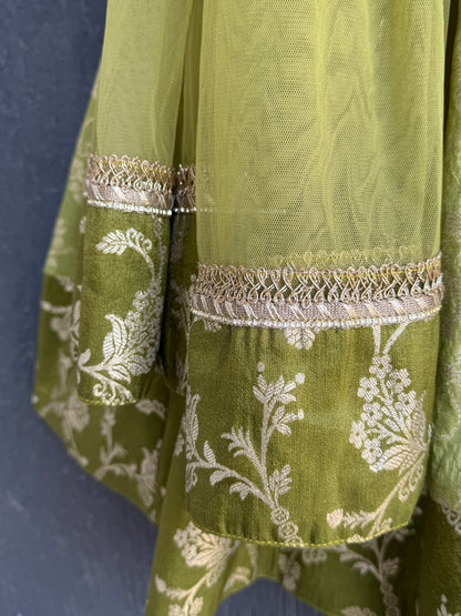 Olive green full length anarkali with dupatta and potli bag