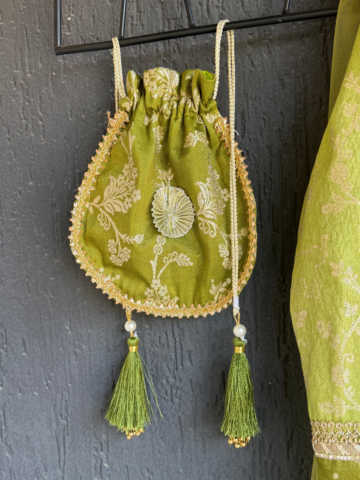 Olive green full length anarkali with dupatta and potli bag