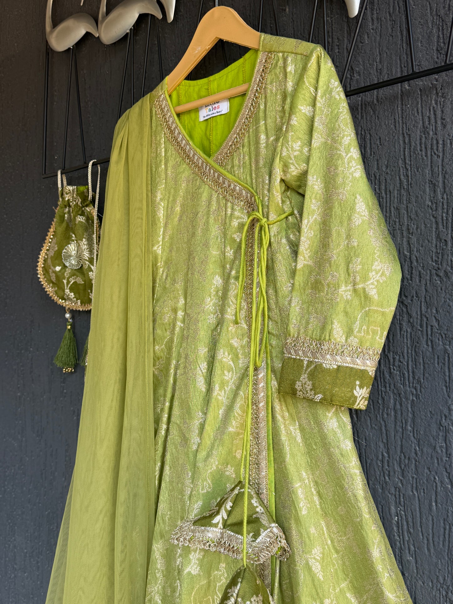 Olive green full length anarkali with dupatta and potli bag