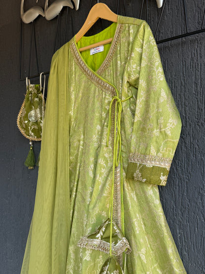 Olive green full length anarkali with dupatta and potli bag
