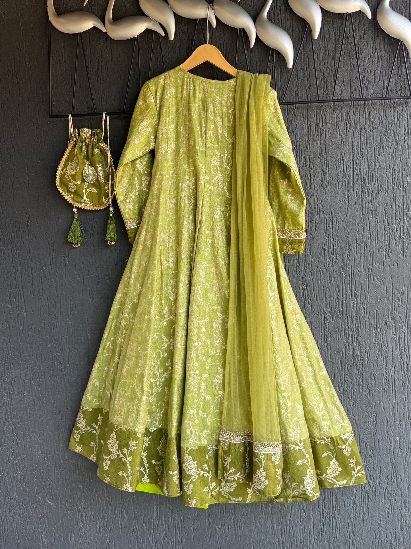 Olive green full length anarkali with dupatta and potli bag