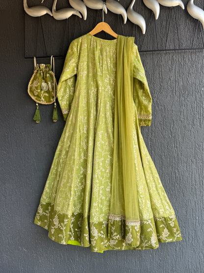 Olive green full length anarkali with dupatta and potli bag