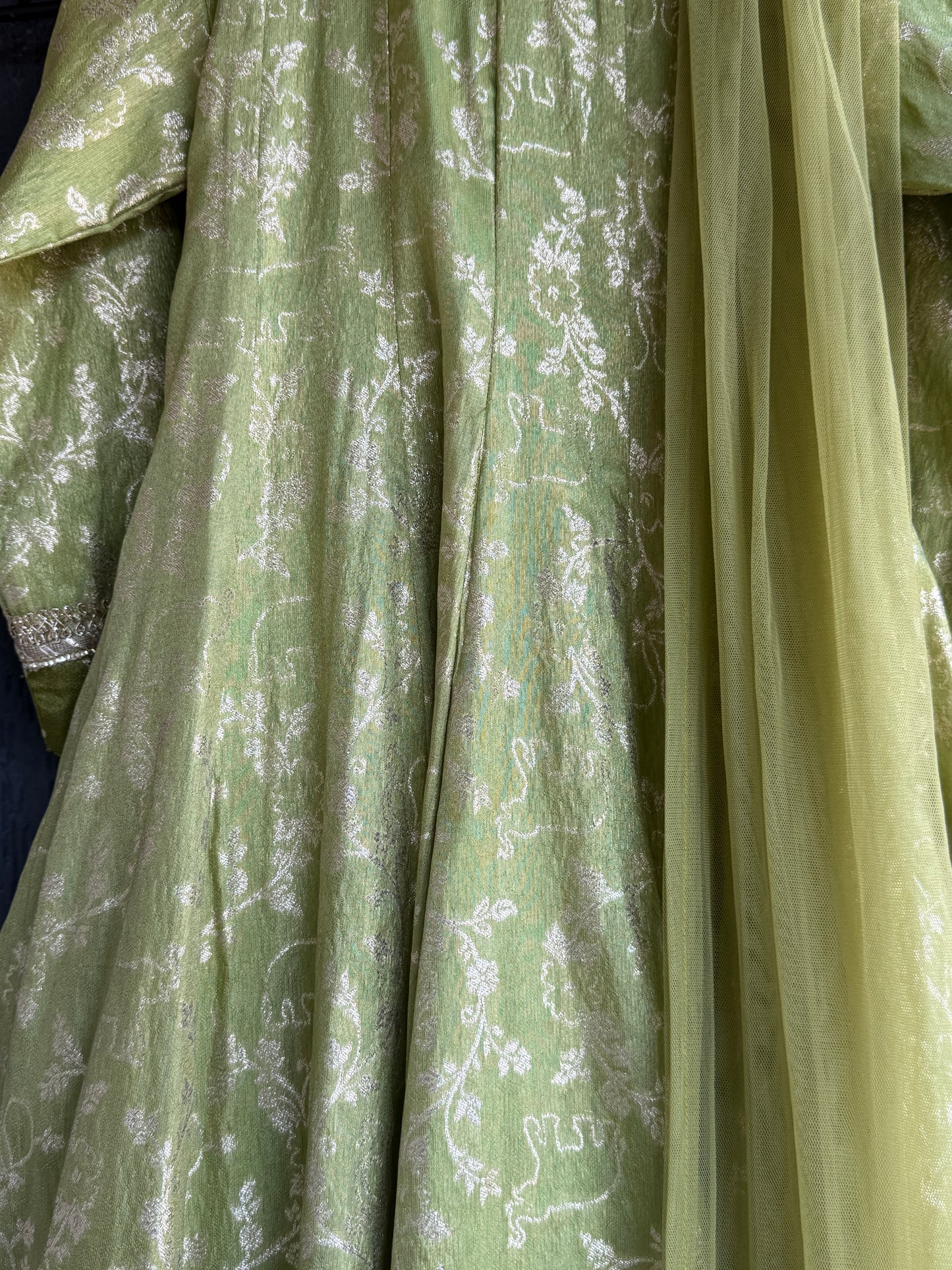Olive green full length anarkali with dupatta and potli bag