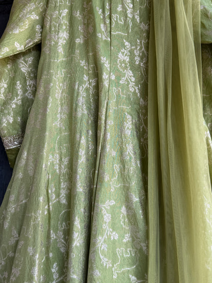 Olive green full length anarkali with dupatta and potli bag