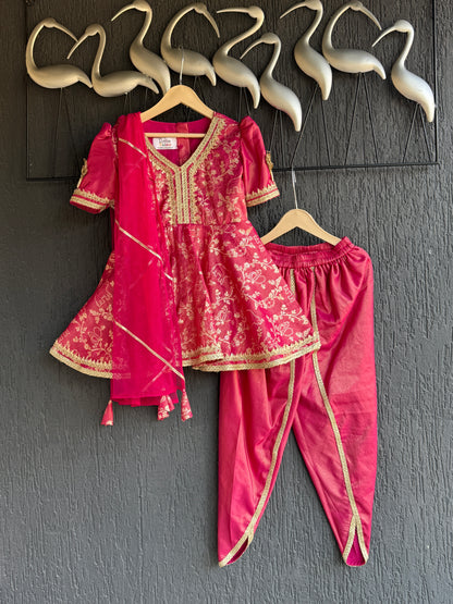 Fuschia pink chanderi frock style dhoti set