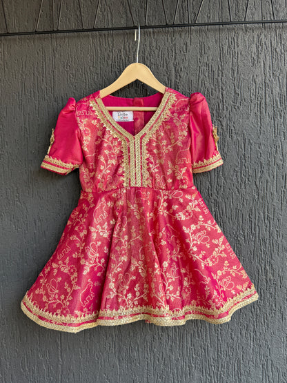 Fuschia pink chanderi frock style dhoti set