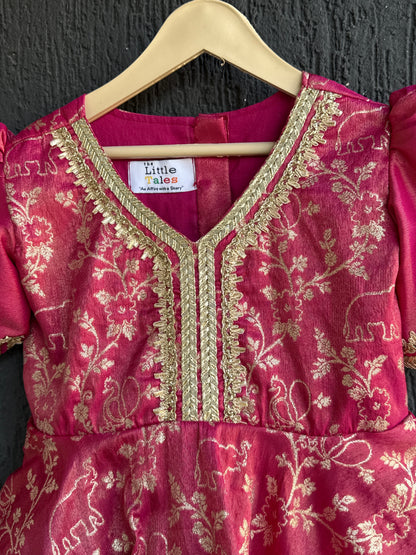 Fuschia pink chanderi frock style dhoti set