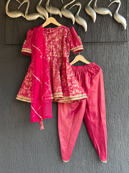Fuschia pink chanderi frock style dhoti set