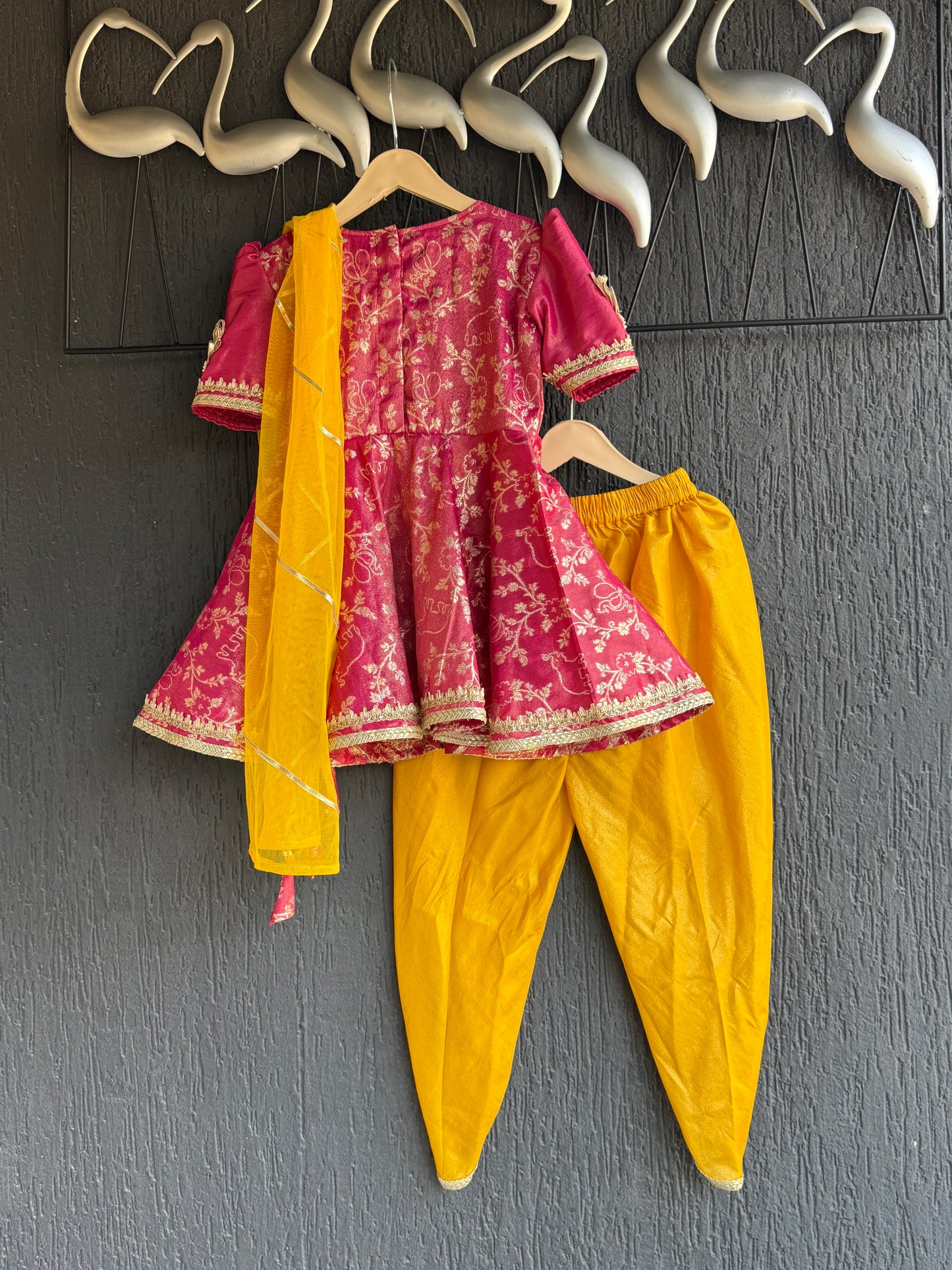 Fuschia pink/Yellow  chanderi frock style dhoti set