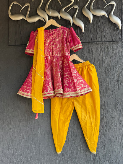 Fuschia pink/Yellow  chanderi frock style dhoti set