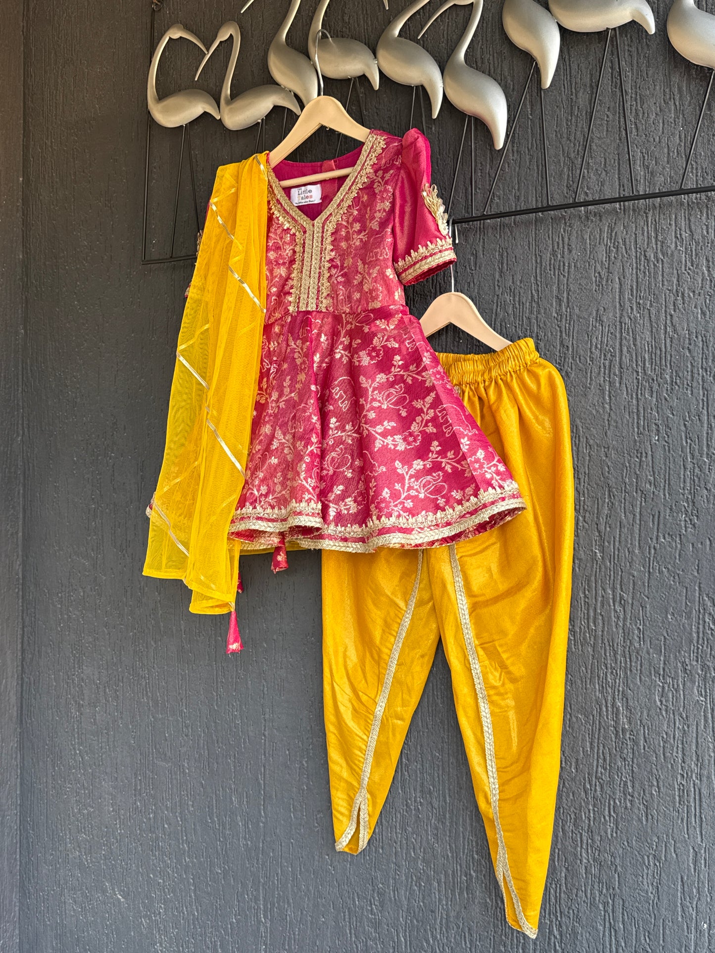 Fuschia pink/Yellow  chanderi frock style dhoti set