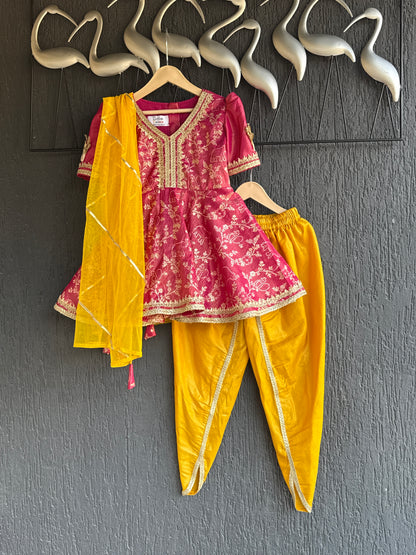 Fuschia pink/Yellow  chanderi frock style dhoti set