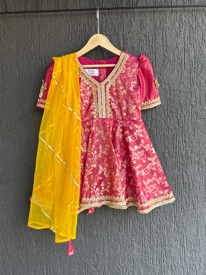 Fuschia pink/Yellow  chanderi frock style dhoti set