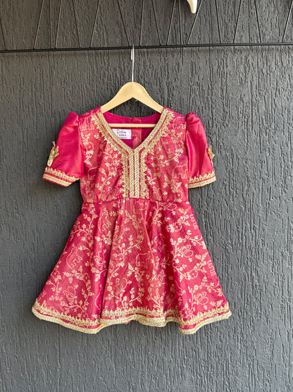 Fuschia pink/Yellow  chanderi frock style dhoti set