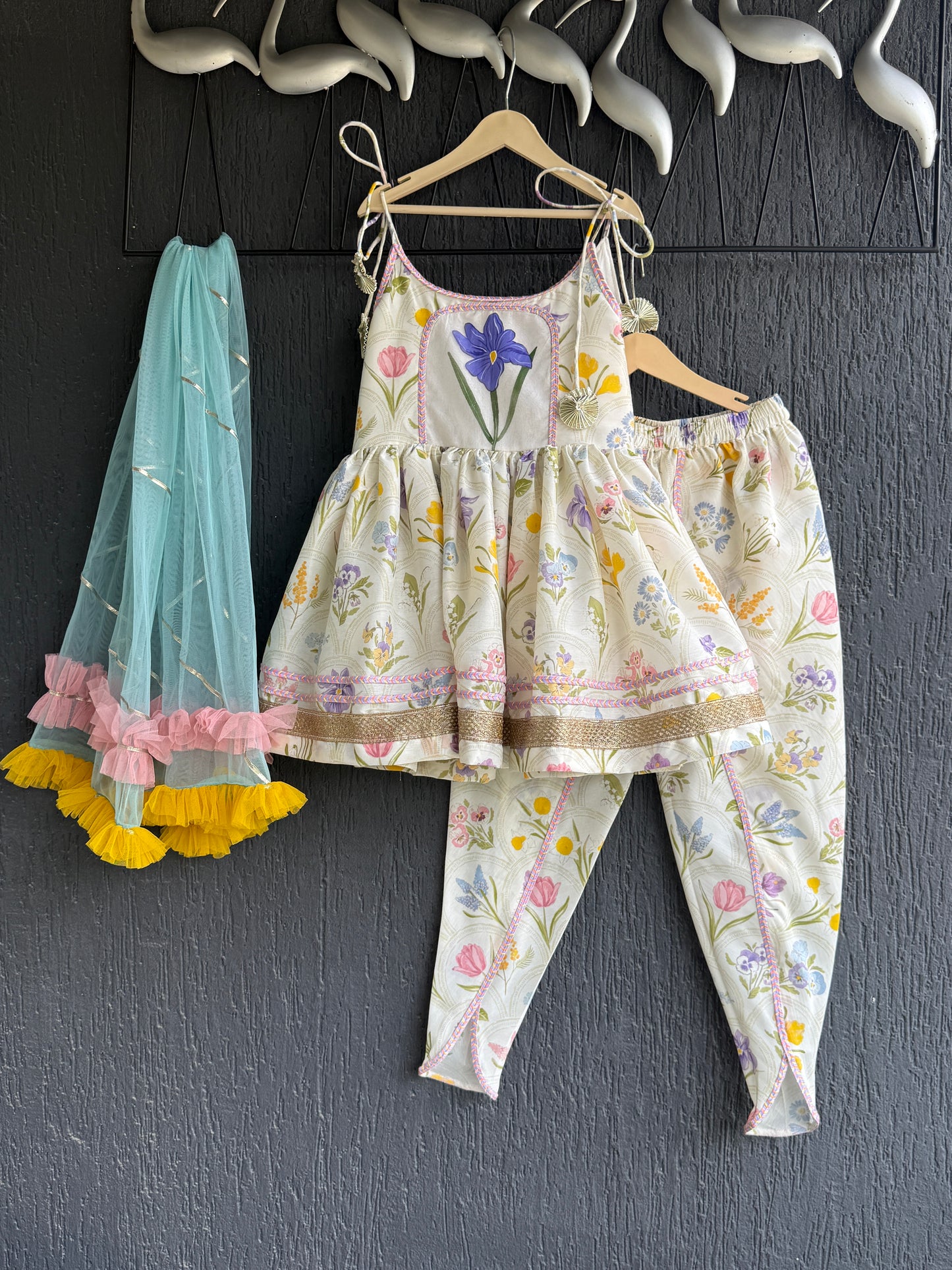 Strap Handpainted White Floral Dhoti Set