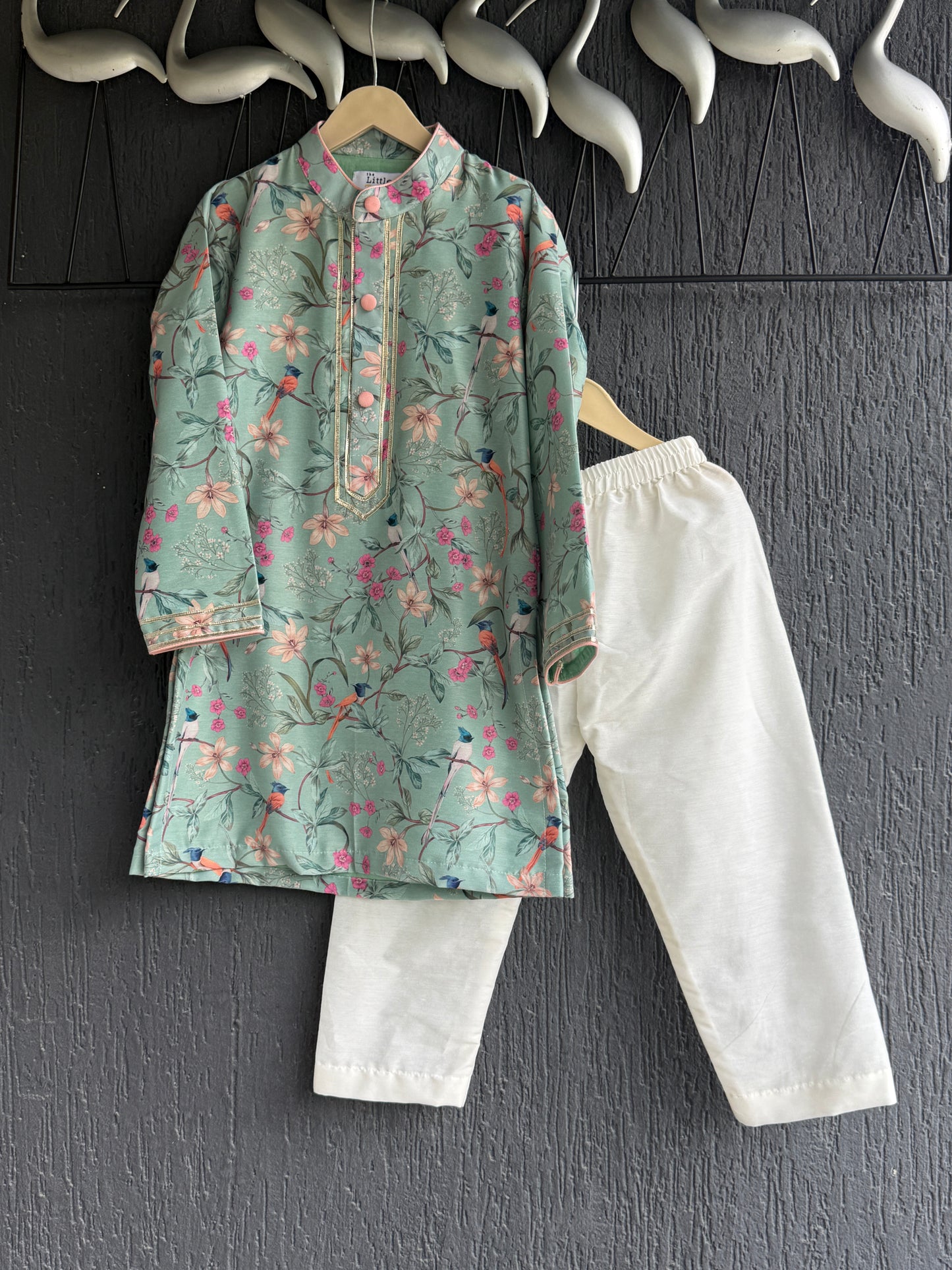 Green Bird Printed Kurta with Front Opening