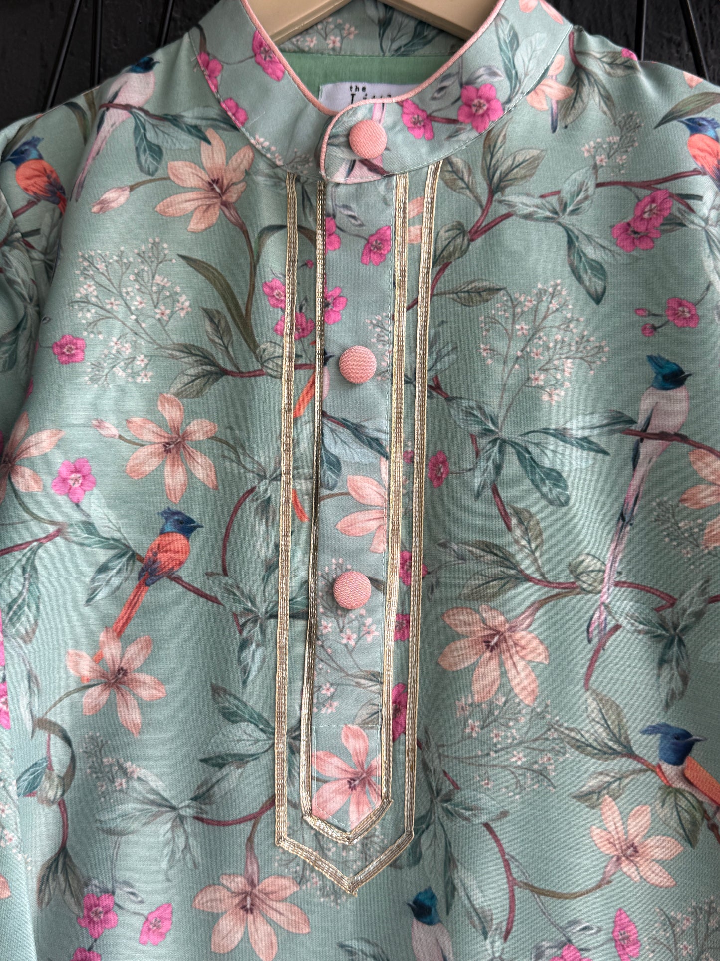 Green Bird Printed Kurta with Front Opening