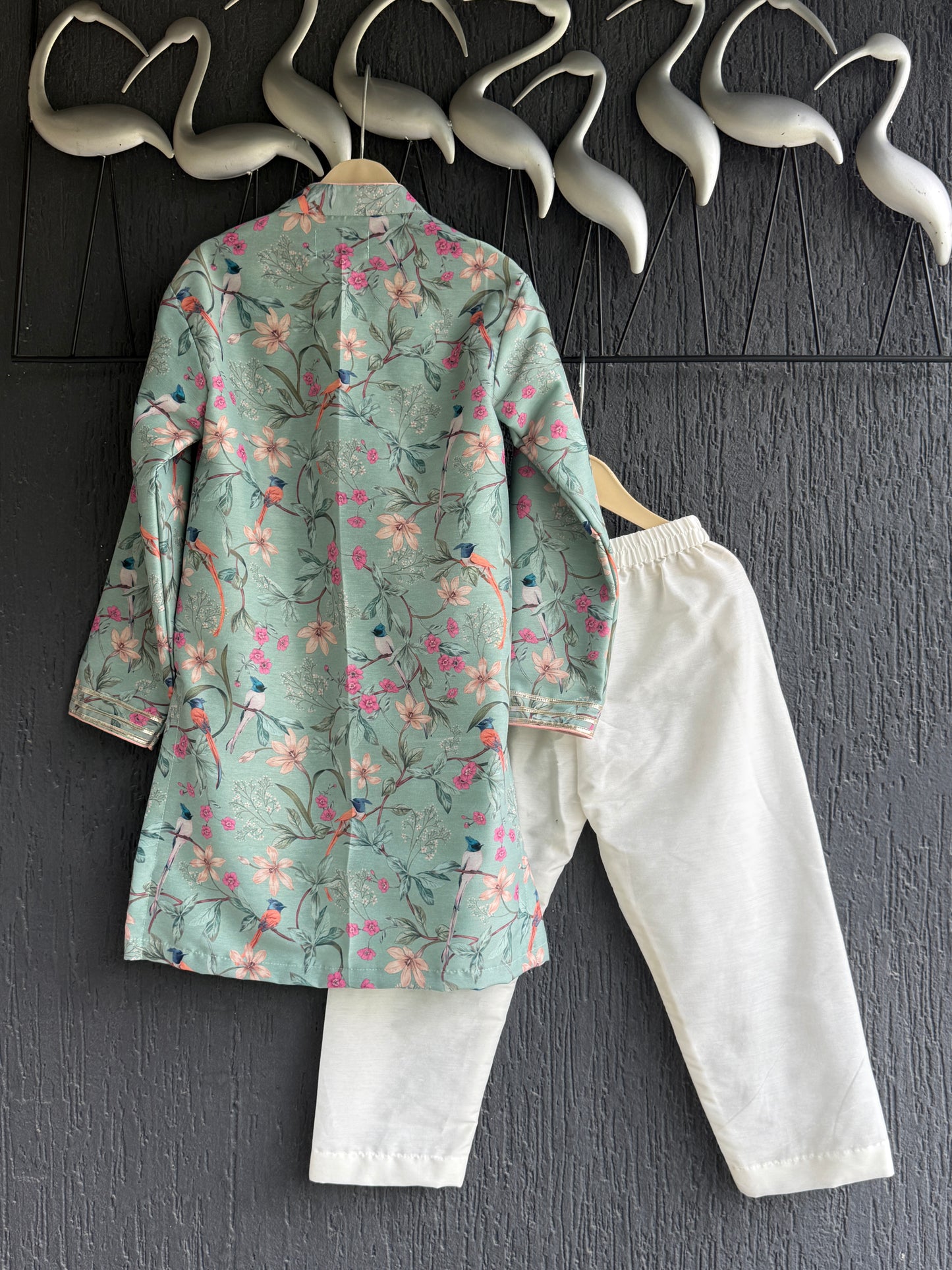 Green Bird Printed Kurta with Front Opening