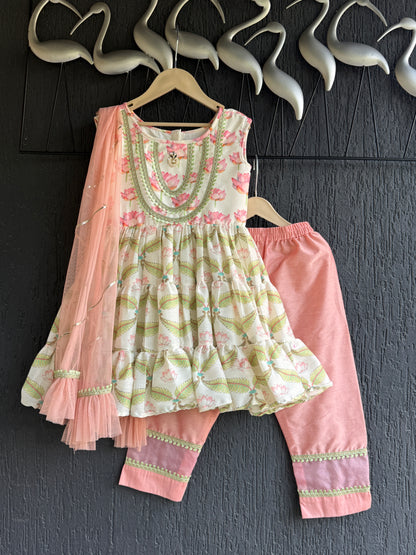 Lotus Print Layered Frock Style Kurta Set