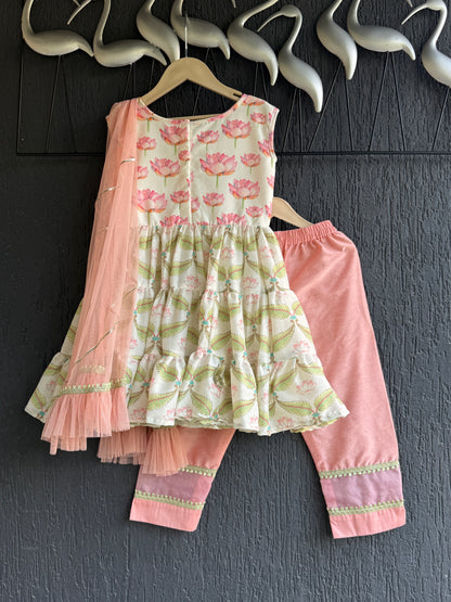 Lotus Print Layered Frock Style Kurta Set