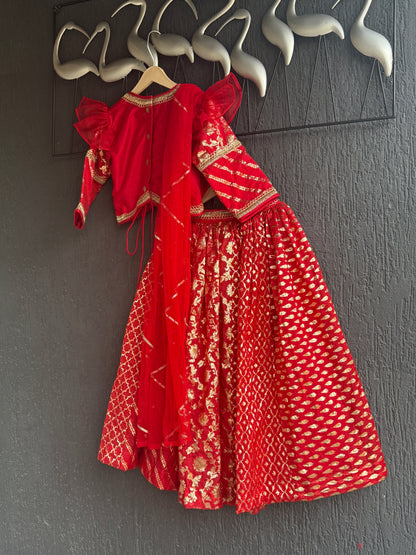 Red Chanderi attached dupatta lehnga set  (MAMA KI SHAADI)
