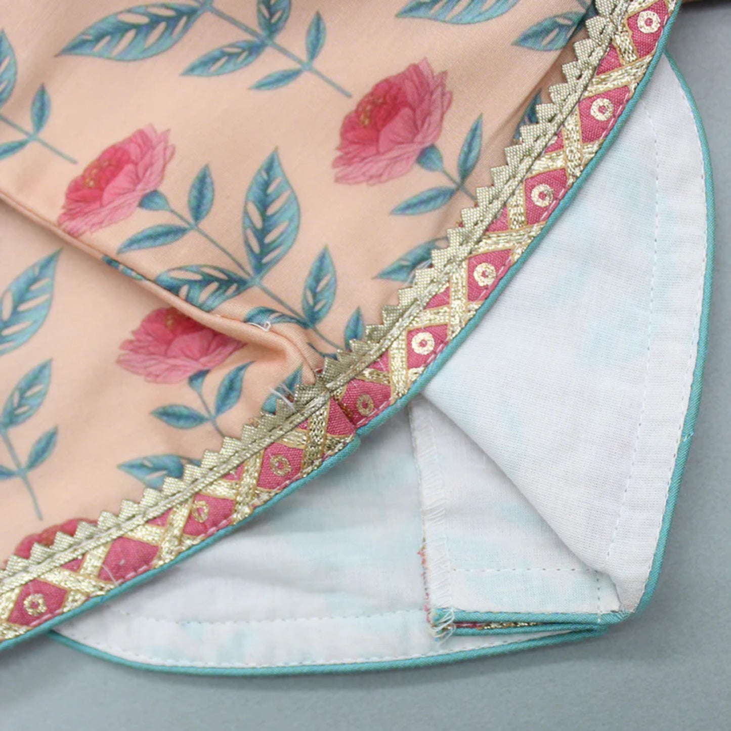 Peach printed Floral Printed Crop Top With Lehenga And Net Dupatta