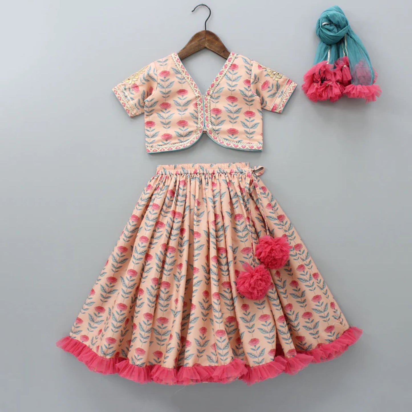 Peach printed Floral Printed Crop Top With Lehenga And Net Dupatta