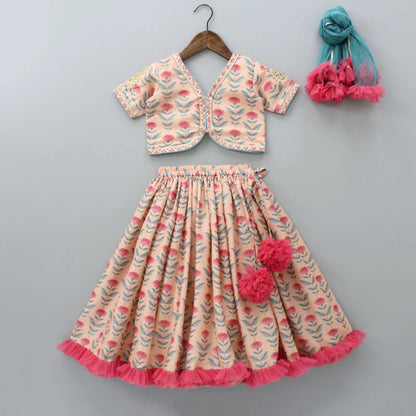 Peach printed Floral Printed Crop Top With Lehenga And Net Dupatta