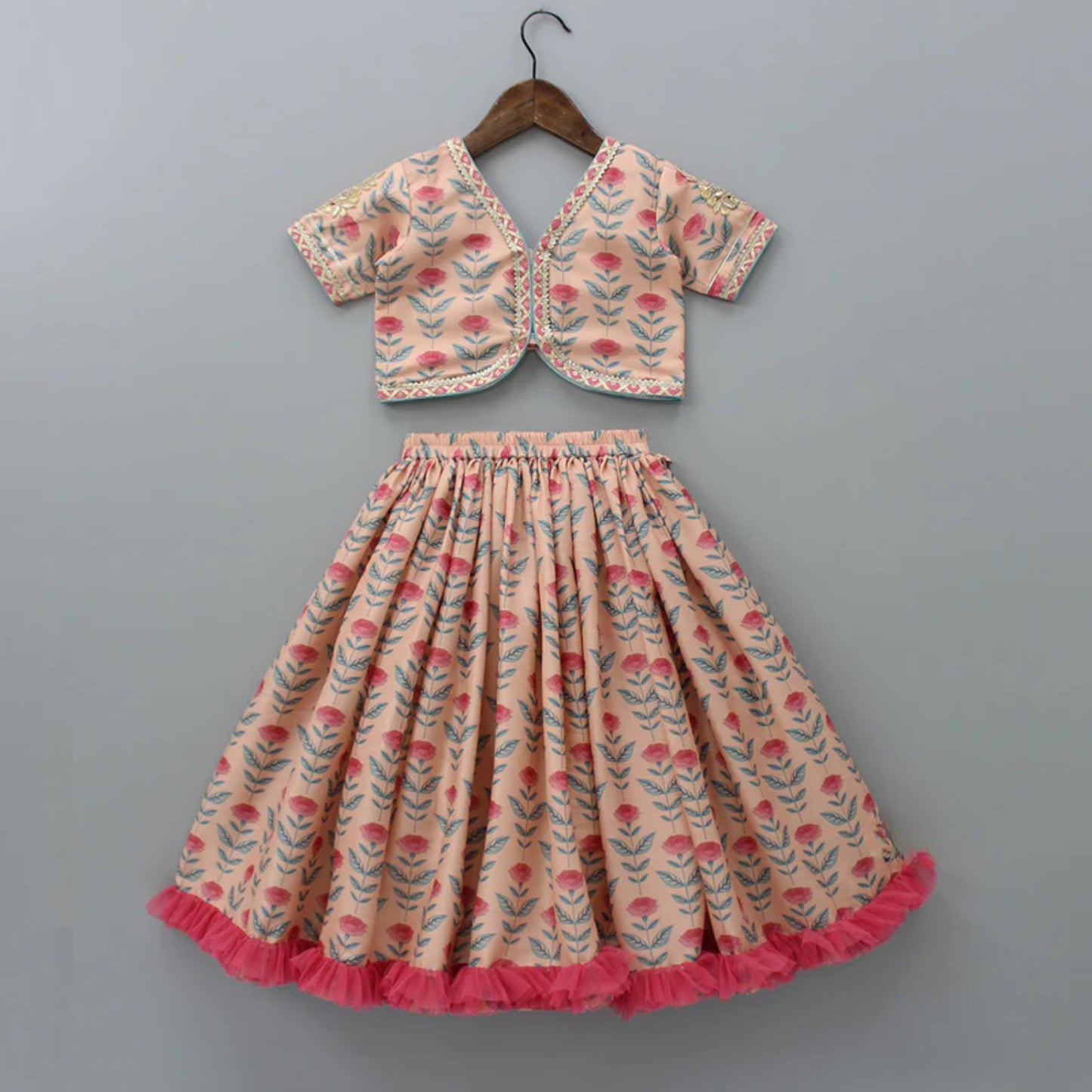 Peach printed Floral Printed Crop Top With Lehenga And Net Dupatta