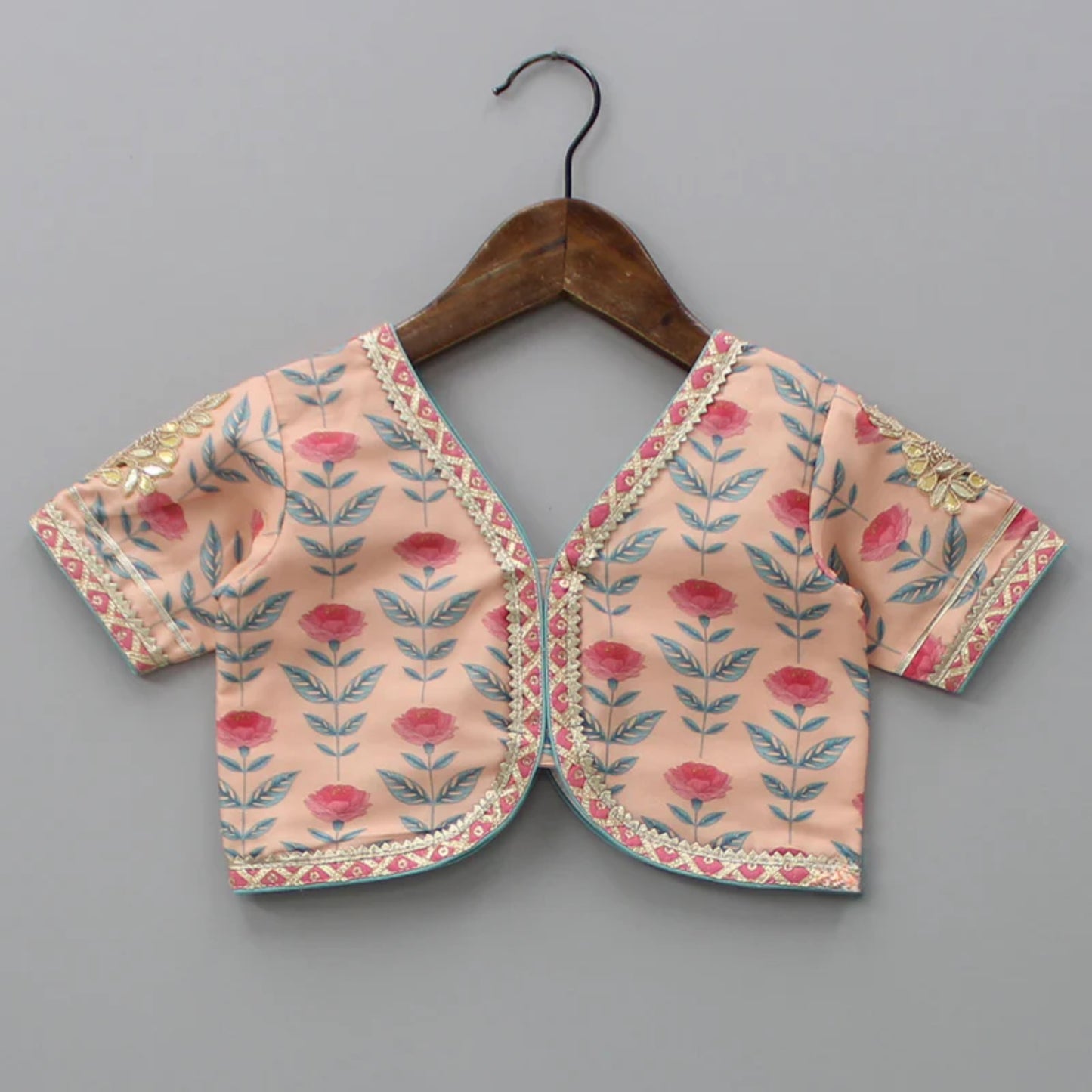 Peach printed Floral Printed Crop Top With Lehenga And Net Dupatta