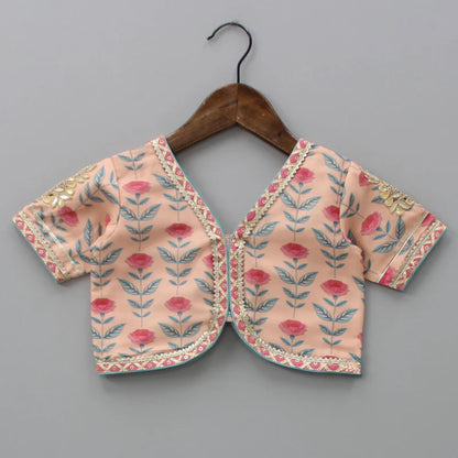 Peach printed Floral Printed Crop Top With Lehenga And Net Dupatta