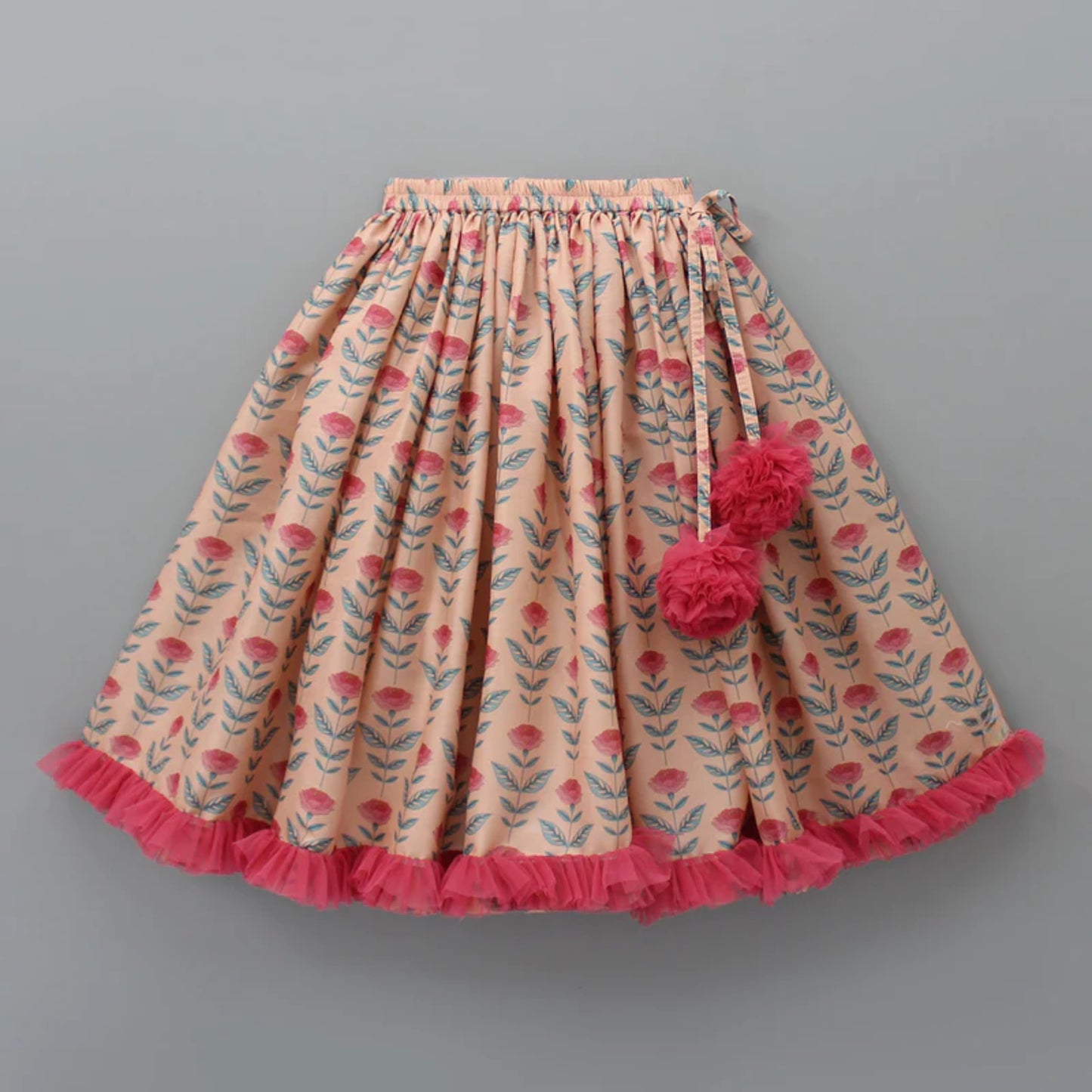 Peach printed Floral Printed Crop Top With Lehenga And Net Dupatta