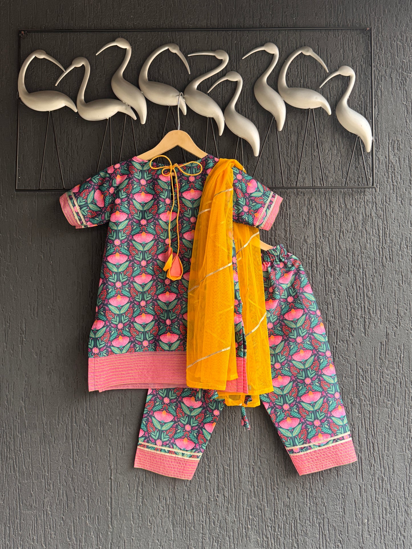 Dark black flower print kurta set