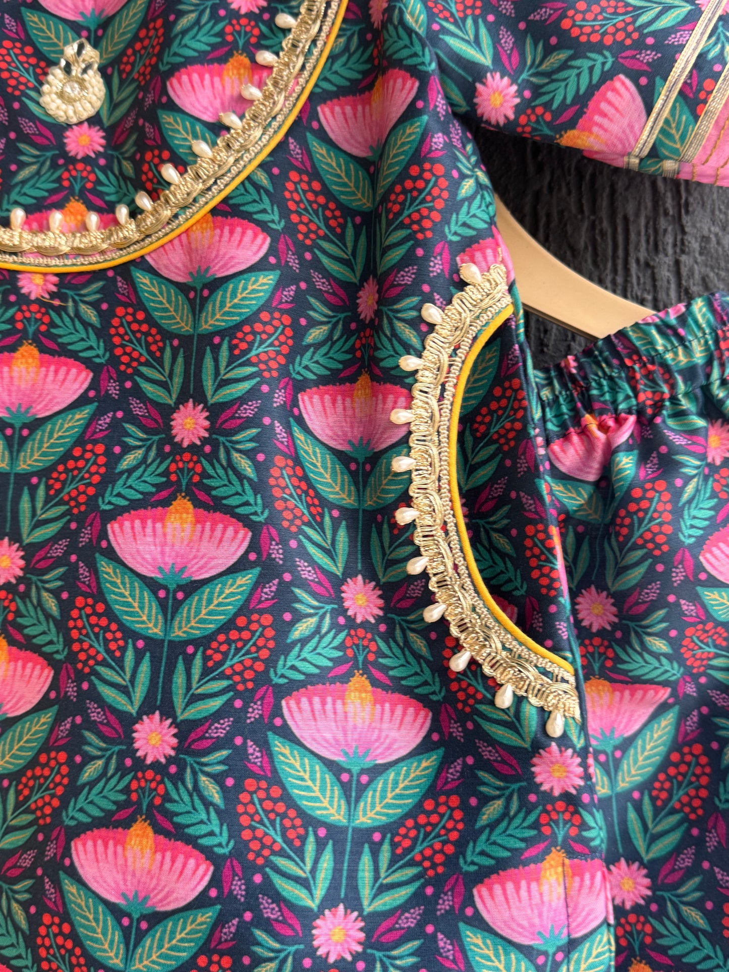 Dark black flower print kurta set