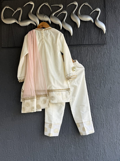 White velvet lotus emb kurta set