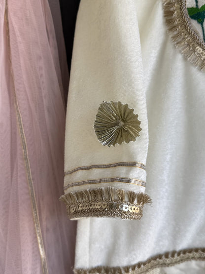 White velvet lotus emb kurta set