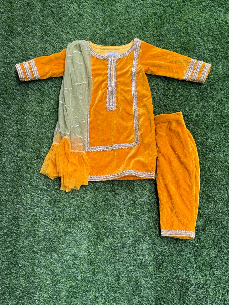 Yellow velvet kurta set