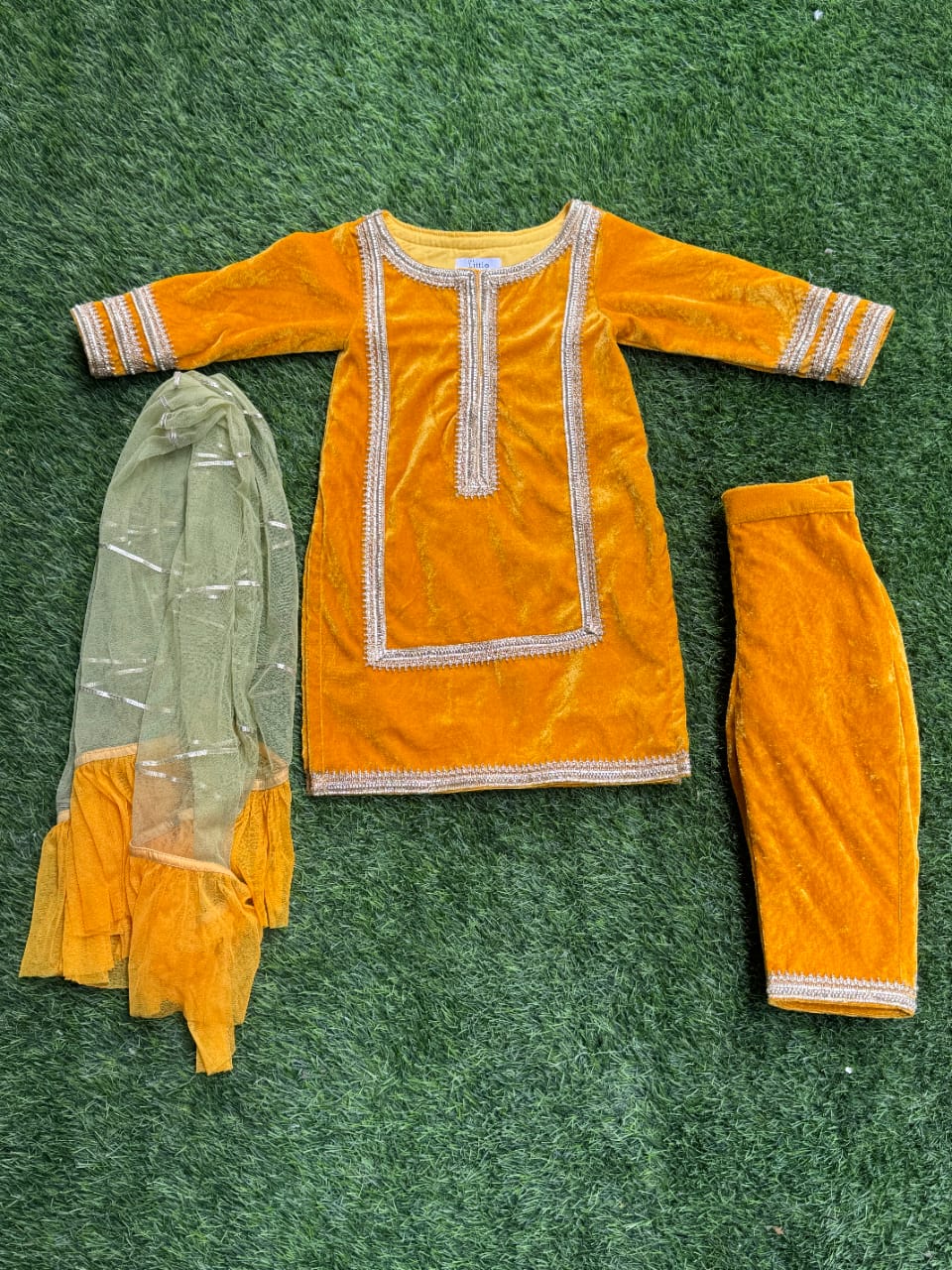 Yellow velvet kurta set