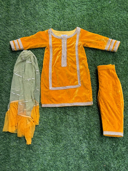 Yellow velvet kurta set