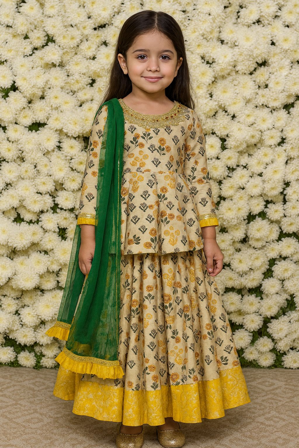 Marigold Printed peplum top With Lehenga And Net Dupatta