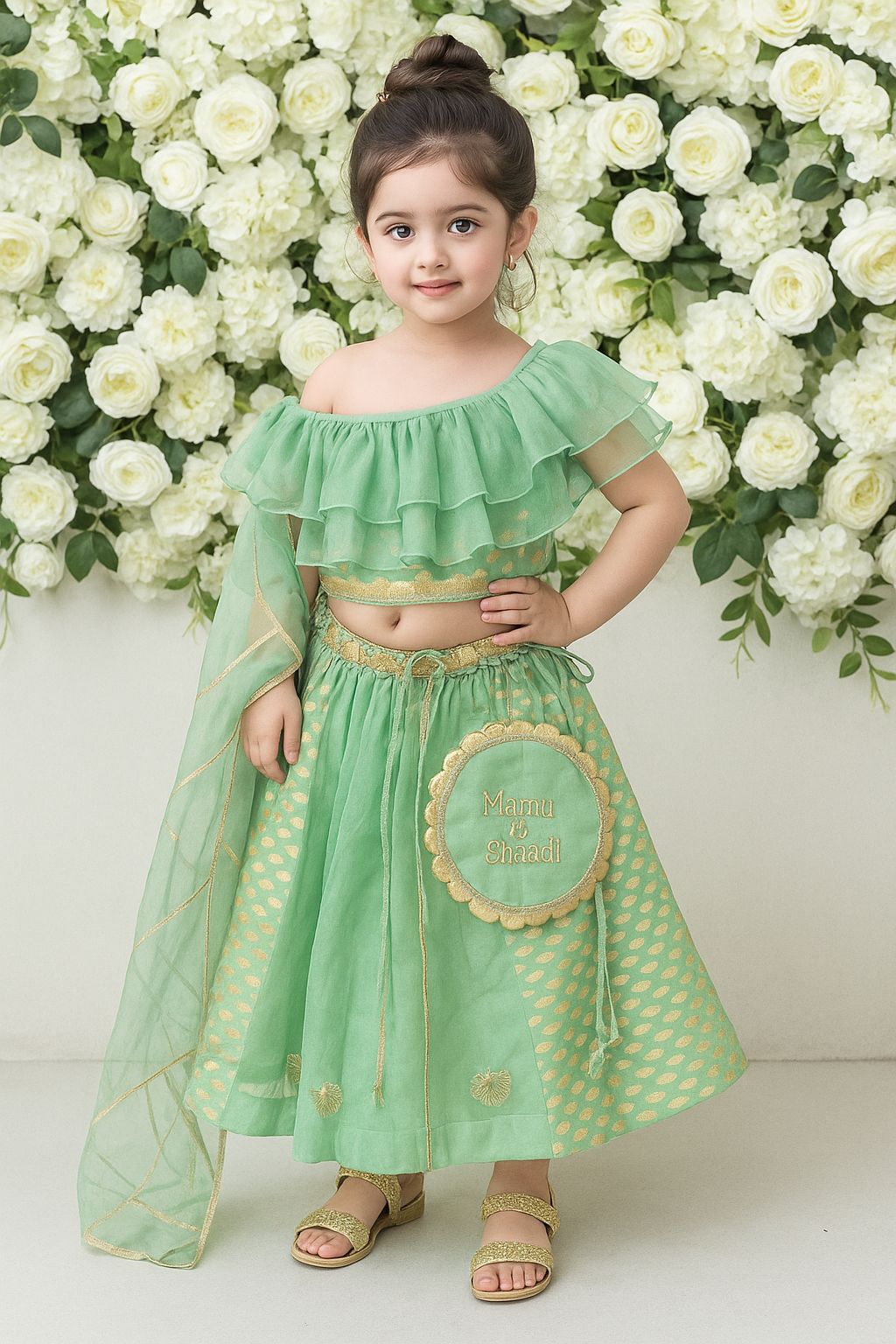 One off shoulder Pastel Green blouse  chanderi Lehnga(MAASI KI SHAADI)