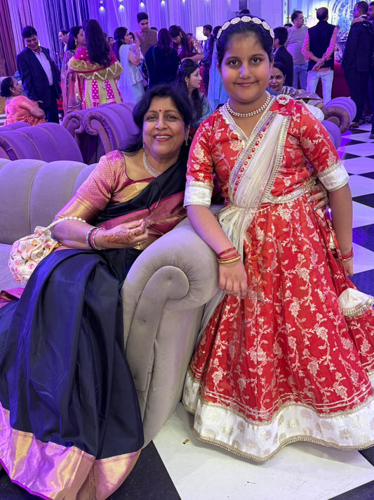 Red chanderi lehnga set with lotus highlights