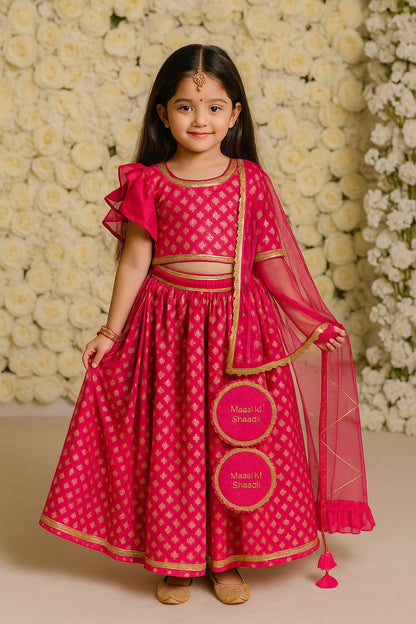 One off shoulder blouse with attached dupatta and chanderi Lehnga(MAASI KI SHAADI)