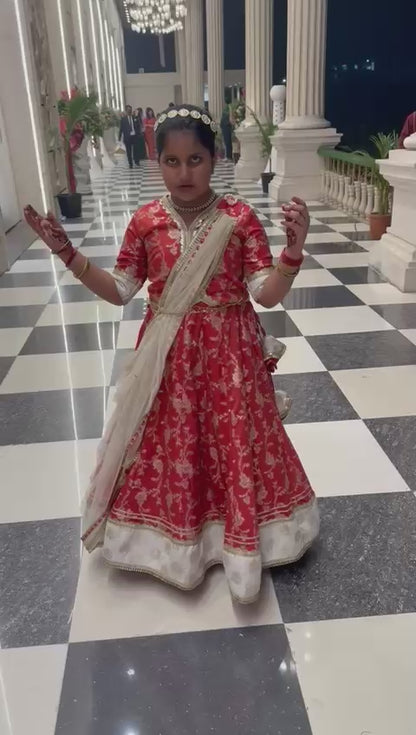 Red chanderi lehnga set with lotus highlights